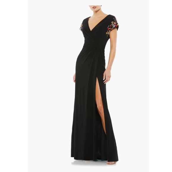 Mac Duggal 55709 Black Beaded Sleeve Jersey Wrap Dress Cocktail Gown